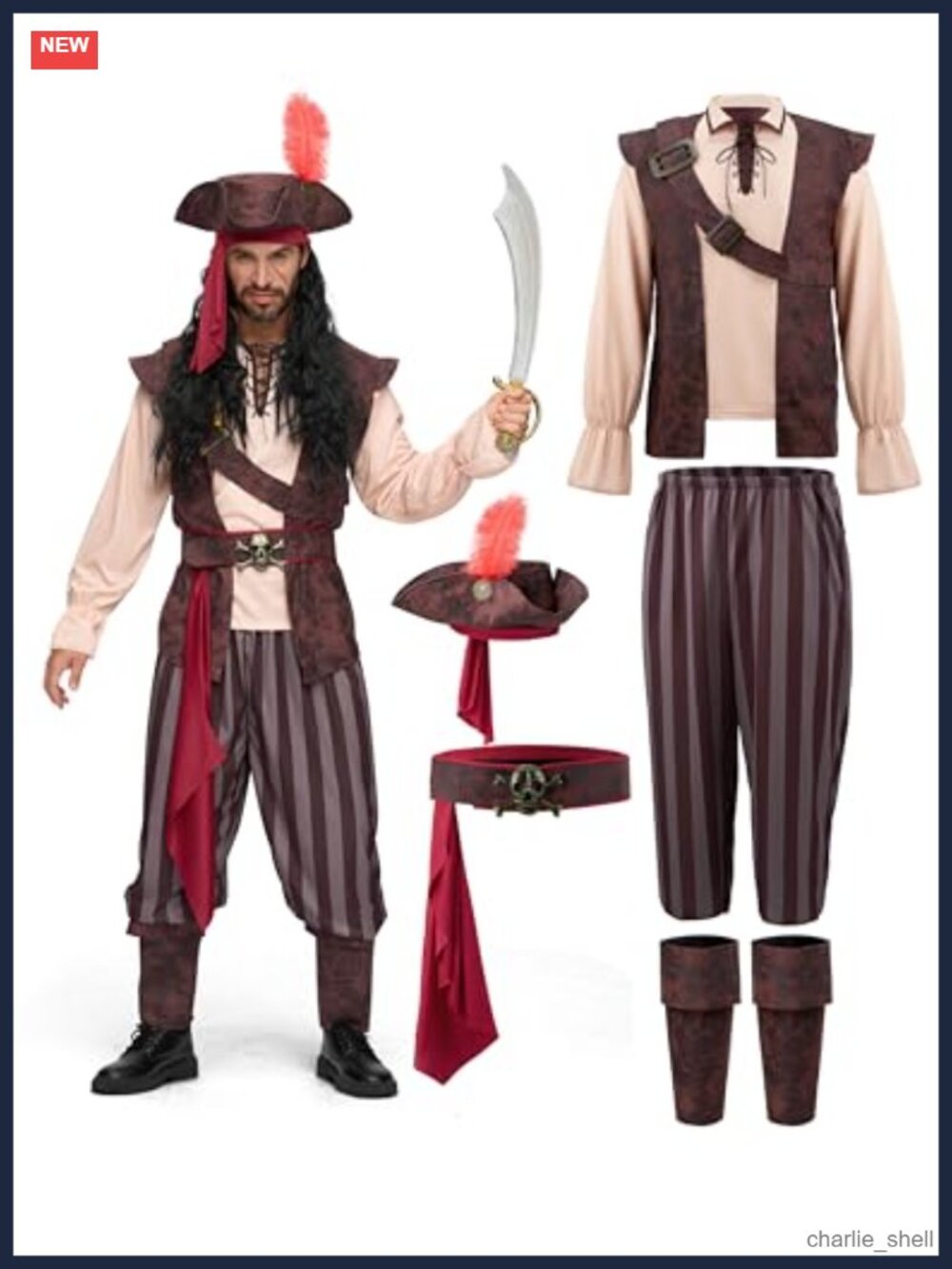 Mens Pirate Costume 7-Piece Set Halloween Adult Sea Captain
